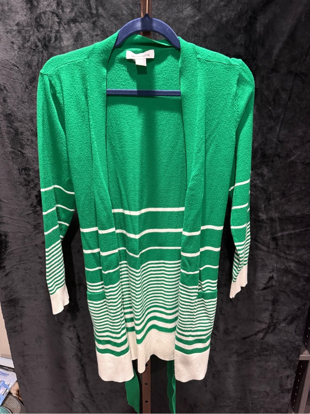 Liz Claiborne Green and White Striped Belted Cardigan Sweater